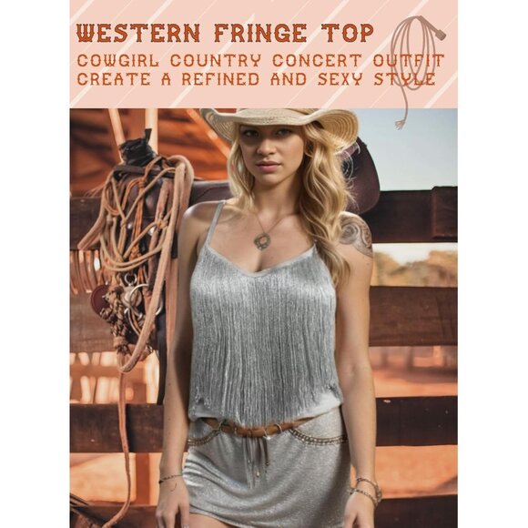 Women's Silver Fringe Tank Top Western Festival Clothing Cowgirl V Neck Outfits - Picture 5 of 6